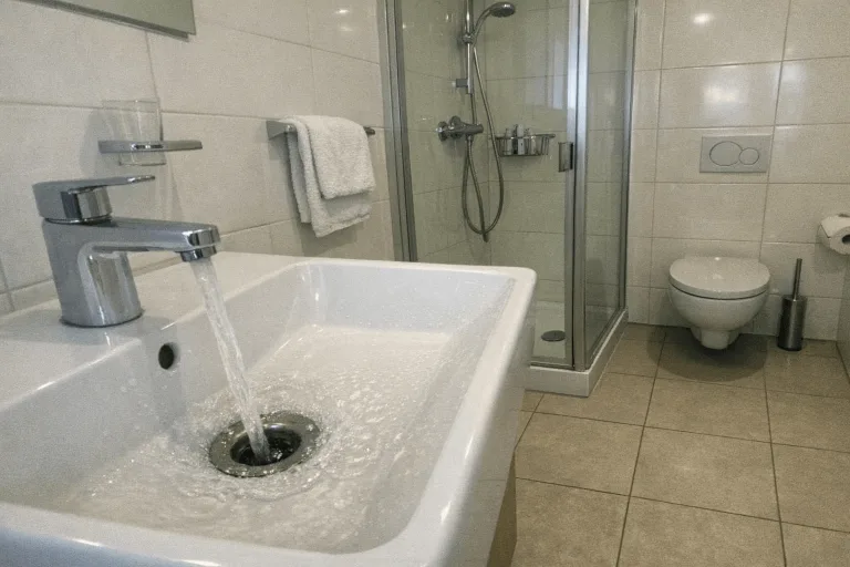 Sauberes Badezimmer mit funktionalem Waschbecken und Dusche, bereit für die Nutzung.