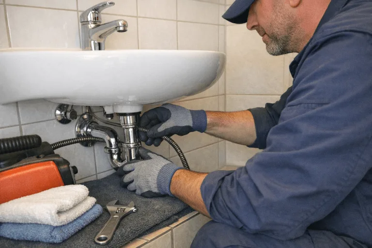 Techniker bei der Rohrreinigung im Sanitärbereich