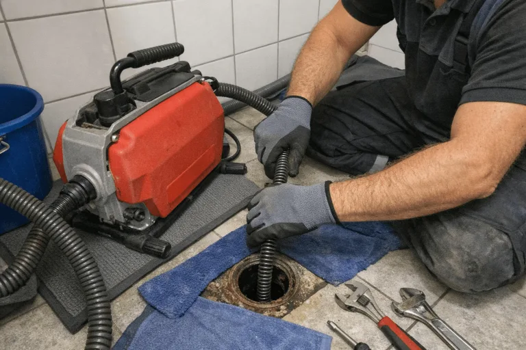 Techniker nutzt elektromechanische Spirale zur professionellen Rohrreinigung am Abfluss im sauberen Badbereich.