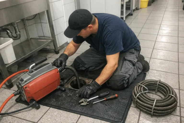 Techniker bei der gewerblichen Rohrreinigung in einem Betriebsgebäude
