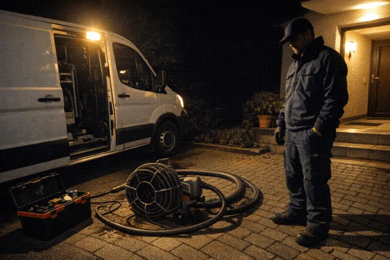 Techniker bei nächtlichem Notfall für Abflussreinigung, 24/7 Service für schnelle Hilfe.