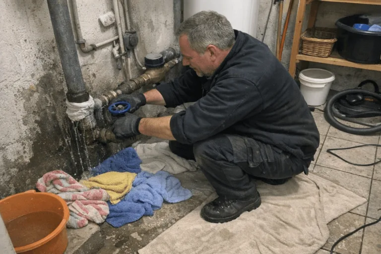 Installateur sichert ein geplatztes Wasserrohr in einer Wohnung