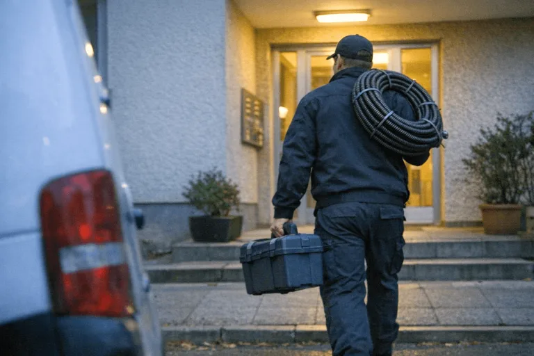 Rohrreinigungs-Techniker mit Ausrüstung auf dem Weg zum Notdienst-Einsatz
