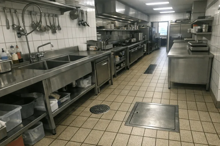 Makellose Großküche mit Edelstahl-Arbeitsflächen und sauberen Abflüssen im Gastronomieservice