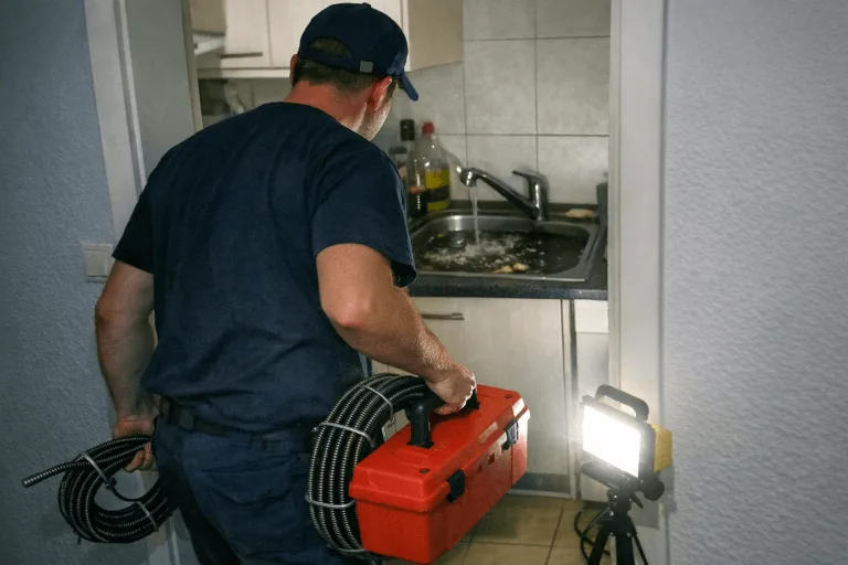 Techniker trifft für 24/7 Rohrreinigung-Notdienst an einem Wohnhaus ein.